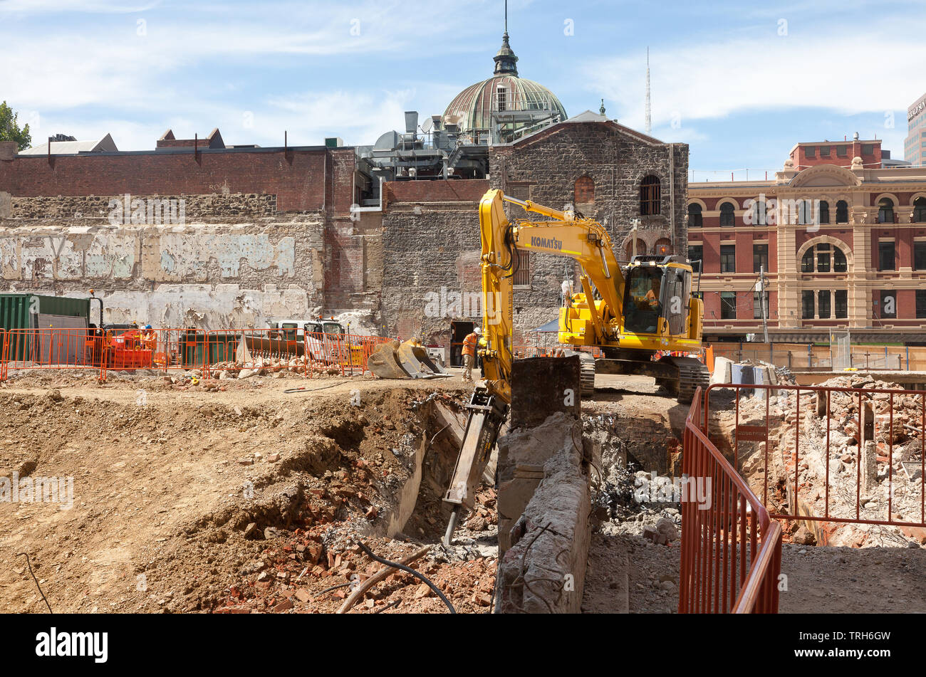 Excavations for work on the Metro Tunnel, Flinders Street, Melbourne, Victoria, Australia Stock