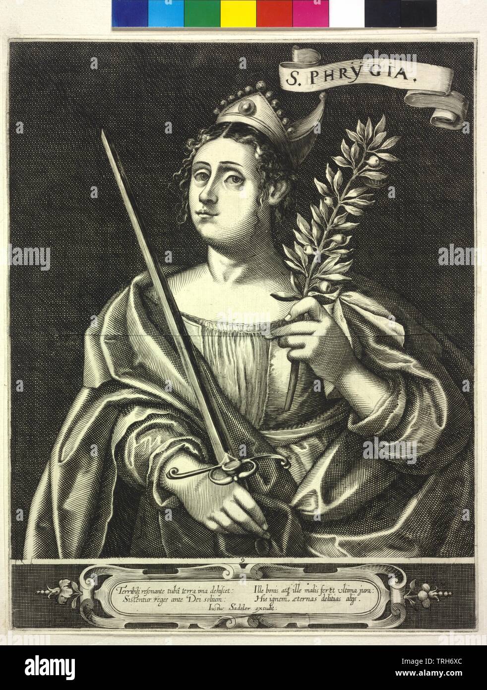phrygian Sibyl, engraving by Justus Sadeler,ecclesiastic, prophetess, prophetesses, Sibyl, sibyls, people, half-length, half length, woman, women, female, Additional-Rights-Clearance-Info-Not-Available Stock Photo