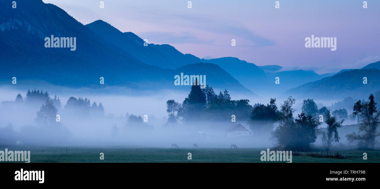 A misty dawn near St Martin en Vercors, Rhone-Alpes, France Stock Photo