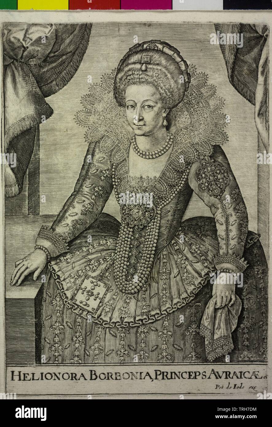 Eleanor of Bourbon-Conde, in crinoline fashion circa 1610: half-length standing, half from the left, with strap band and pearl in the high-flown hair style, pearl earrings, two-rowed pearl necklace, patterned dress, with empires jewel- and pearl string trimming, a wide top collar with lobed border on both sides of the decollete, in front of the top sleeves the one pearl necklace at the wrists, kerchief in the left, the right laid out, window shaped, draped dishalfnation, at the bottom Latin legend, between on the right the publisher's notice. cop, Additional-Rights-Clearance-Info-Not-Available Stock Photo