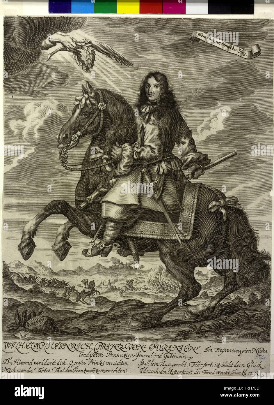 Wilhelm III, Prince of Orange, King of England, as young one, victorious commander-in chief and proconsul of the coalescess Dutch provinces on horse in the foreground of a fighting scene: whole figure in linker profile, the face half from the left the viewer facing, with Allongehaar, in riding outfit and cuirassier armour, with facing sword pendants, truncheon in the raked, rein in the left, the horse with caparison and something strap jewellery, the foreleg soar, from top left, from heavenly host light jut, is reaching him a hand palm leaf and l, Additional-Rights-Clearance-Info-Not-Available Stock Photo