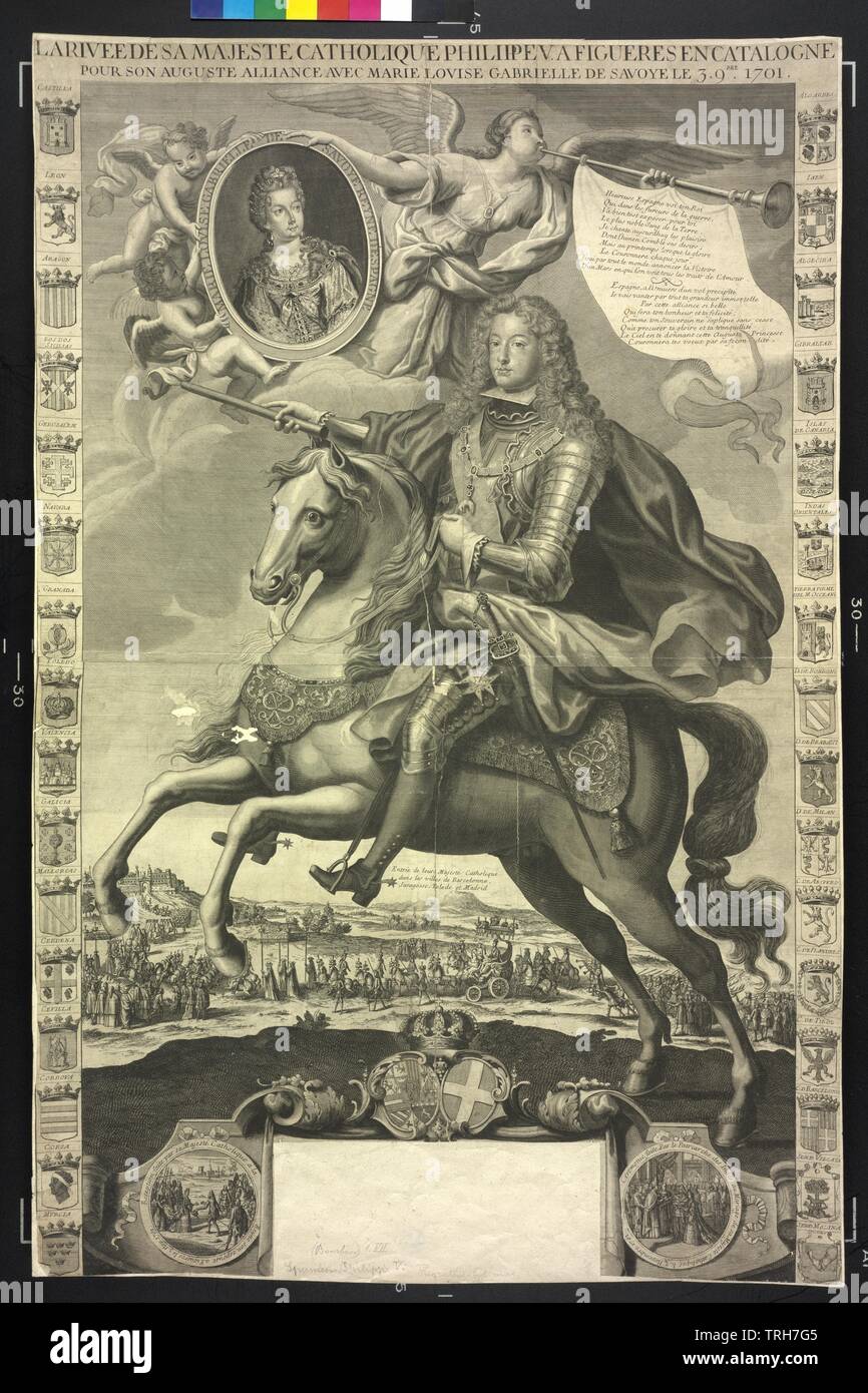 Philipp V., King of Spain, equestrian image, velvet picture of his first wife Marie Louise, princess of Savoy, in oval medallion, as well as scenes of the marriage. copper engraving. coat of arms, Additional-Rights-Clearance-Info-Not-Available Stock Photo