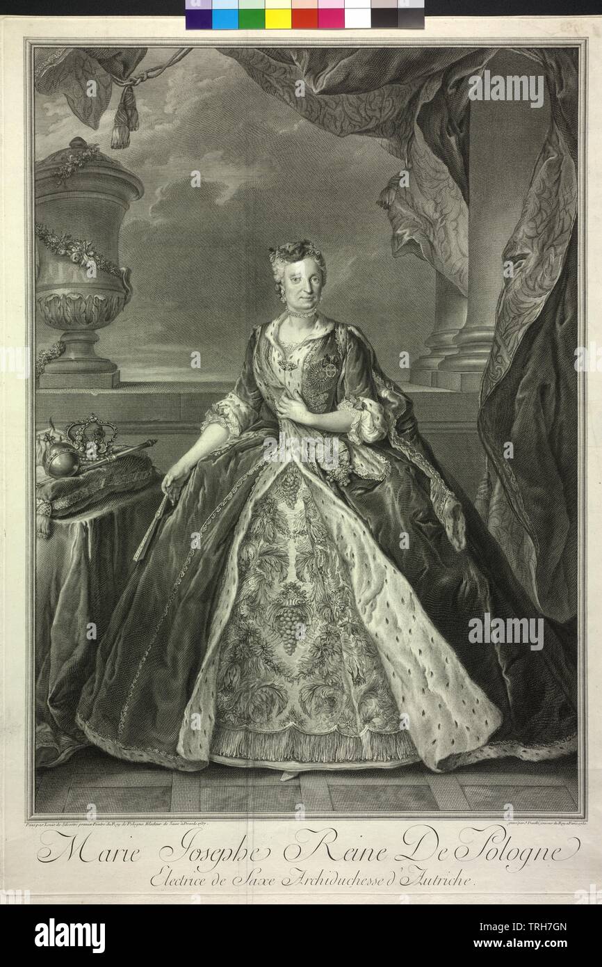 Marie Josefa, archduchess of Austria, picture (whole figure, standing, something on the right), engraving by Jean Daulle, 1750, based on a painting by Louis Silvestre d. J, 1737, Additional-Rights-Clearance-Info-Not-Available Stock Photo