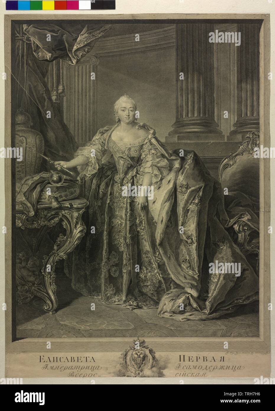 Elisabeth Petrowna, empress of Russia, picture (whole figure, standing, en face), engraving by Georg Frederick Schmidt based on a painting by Louis Tocque, Additional-Rights-Clearance-Info-Not-Available Stock Photo