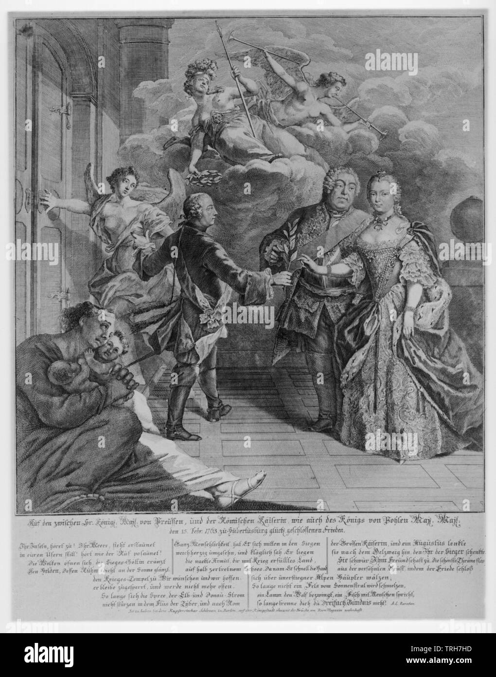quietude of Hubertusburg, 1763, allegory with empress Mary Theresia and King Frederick II, King of Prussia, engraving by Schleuen, Additional-Rights-Clearance-Info-Not-Available Stock Photo