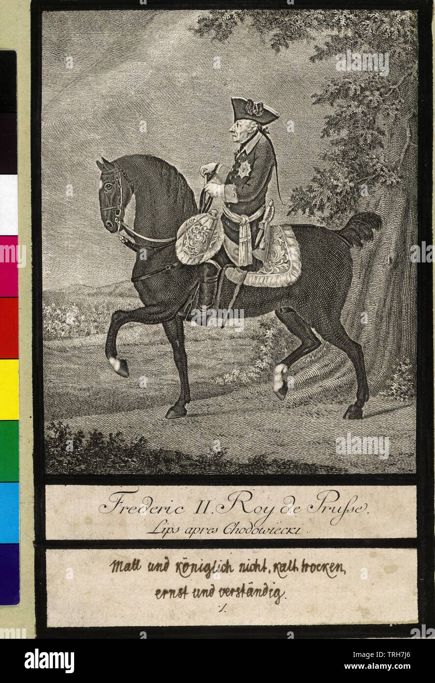 Frederick II of Prussia, picture on horse, clad on cardboard. Johann Henry Lips based on Daniel Chodowiecki, Additional-Rights-Clearance-Info-Not-Available Stock Photo