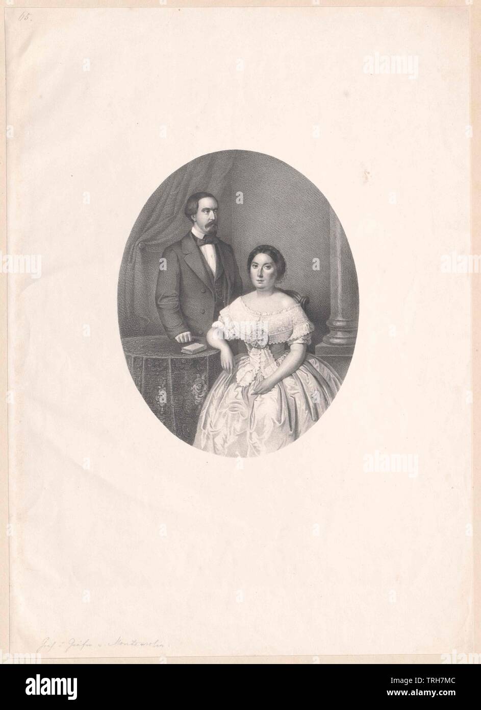 picture Karl, Infante of Spain (1818-1861) with wife Caroline, princess of the Two Sicilies (1820-1861), Karl: hip downwards blanket behind veiled occasional table standing, three-quarter from the right, Caroline: well-nigh whole figure before it sitting, en face from the left, in bright, low-necked, short-sleeved gala dress, the rightist arm next to self-Contained. booklet laid out, in oval. in front of the script, Additional-Rights-Clearance-Info-Not-Available Stock Photo