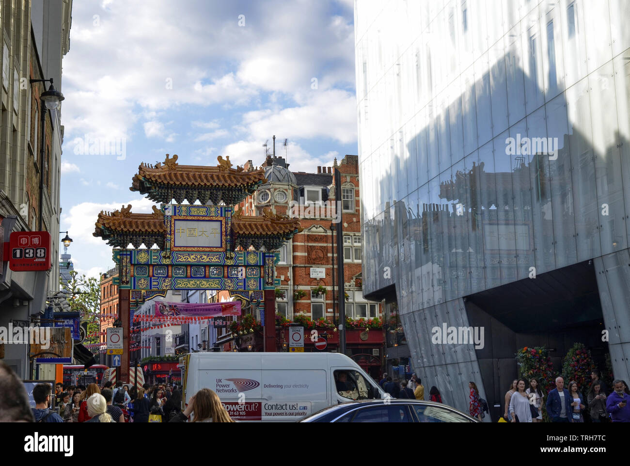 London, United Kingdom, June 14 2018. Chinatown, the historic Chinese district of London. The pagoda gate of access to the neighborhood is unmistakabl Stock Photo