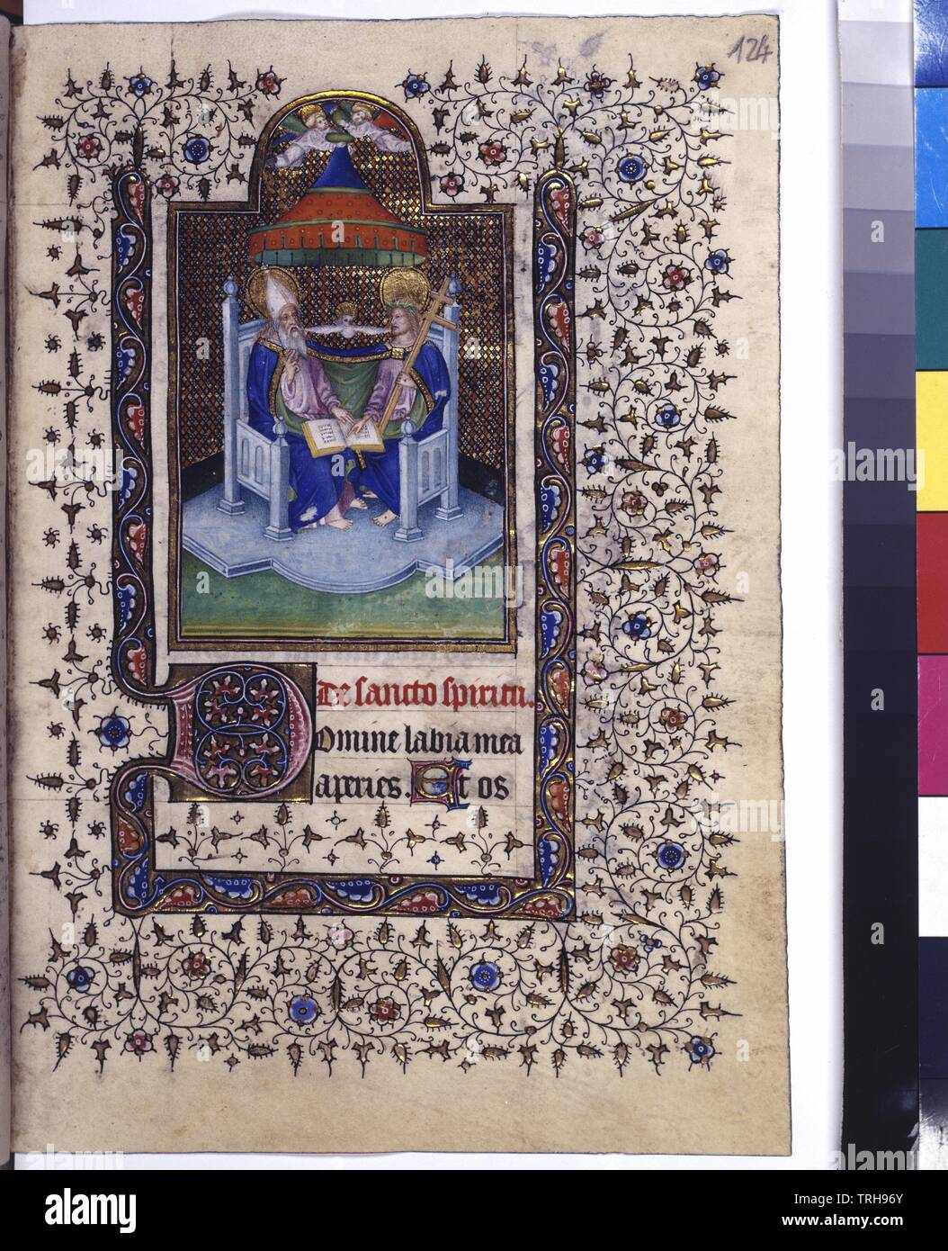full page: text, covering colour initial on golden ground, miniature (Trinity = God the Father and Christ enthroned and holding together a book, the pigeon of the holy spirit between the both), moulding and tendrils border, Additional-Rights-Clearance-Info-Not-Available Stock Photo