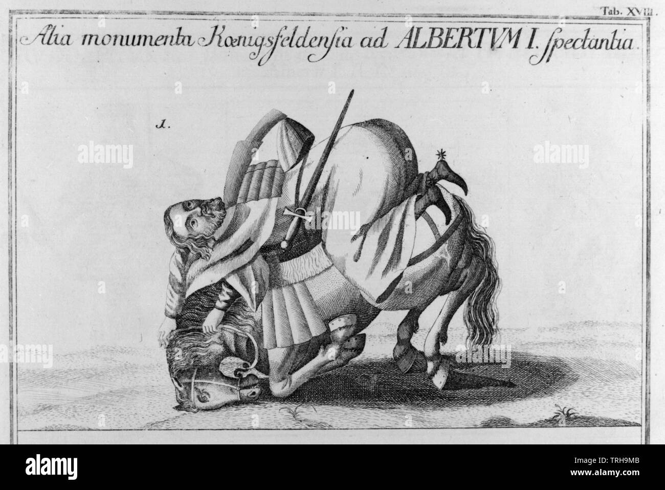 Albrecht I, German king, Albrecht is falling, fatally wounded, with his horse, engraving based on own drawing by Johann Baptist Haas, go back on an template in the Monastery of Koenigsfelden. in: Marquard crucifix: Pinacotheca principum Austria etc. Paris prior, edited by secunda.- St. Blaise in the Black Forest 1773, Additional-Rights-Clearance-Info-Not-Available Stock Photo
