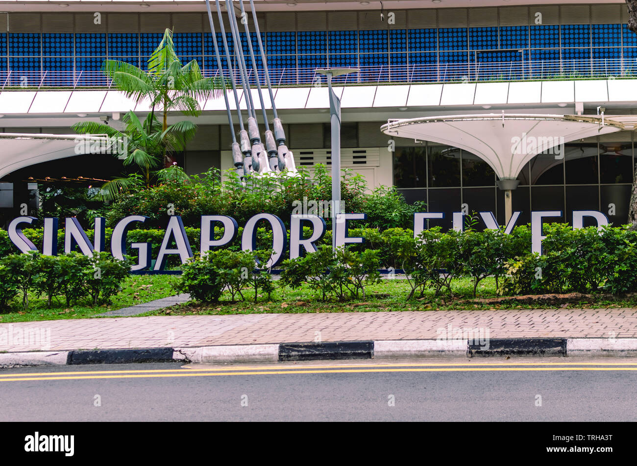 Singapore Flyer Sign in front of Singapore Flyer, Singapore Stock Photo