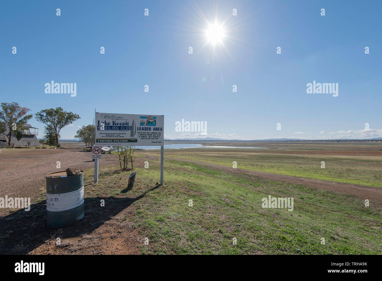 May 2019 Keepit Dam, Gunnedah, Australia: With the dam at 0.6% capacity the local sailing club's normal sailing and launch areas are high and dry. Stock Photo