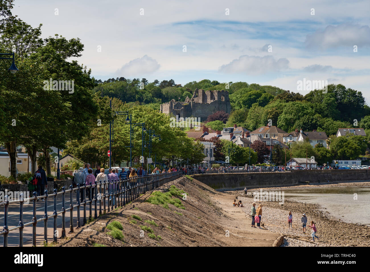 Mumbles Village Promenade & Oystermouth Castle, Gower, Wales, UK Stock Photo
