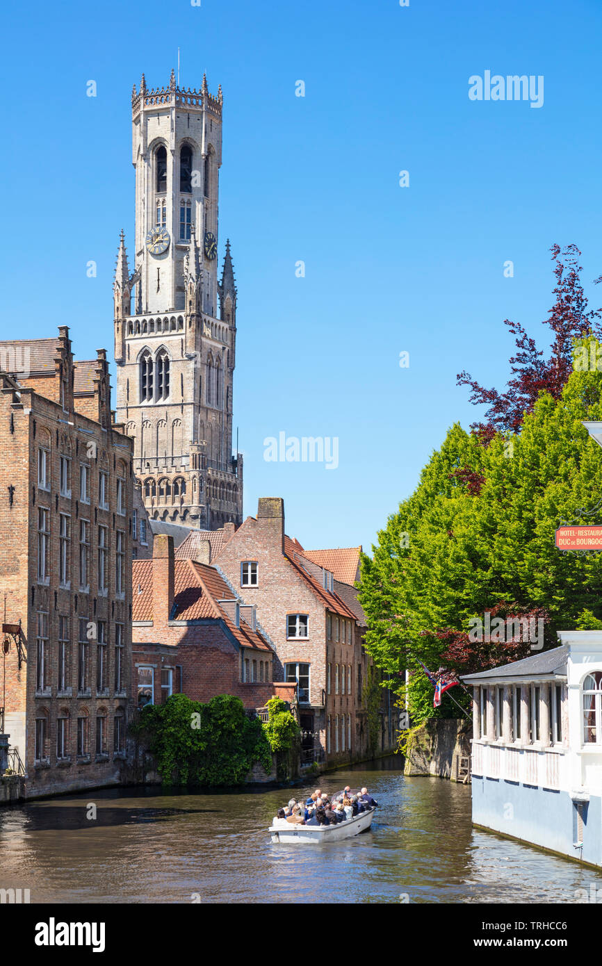 Bruges Belfry Bruges from the Rozenhoedkaai Rozenhoedkai Quay of the Rosary and historic buildings on the Den Dijver canal Bruges Belgium EU Europe Stock Photo