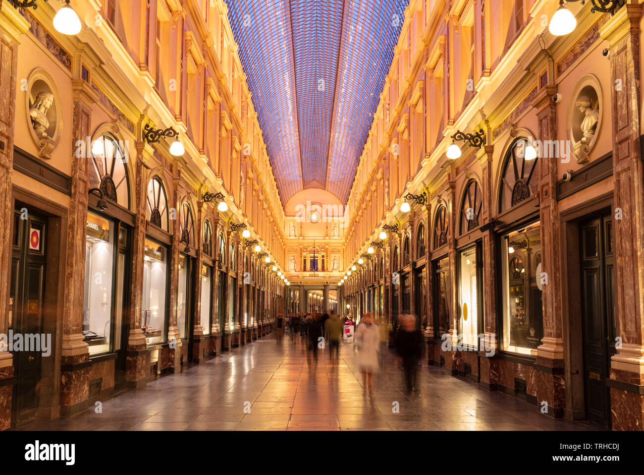 evening lights in the Brussels Galeries Royales Saint Hubert Royal Gallery of Saint Hubert St Hubert Gallery Brussels,Belgium Eu Europe Stock Photo