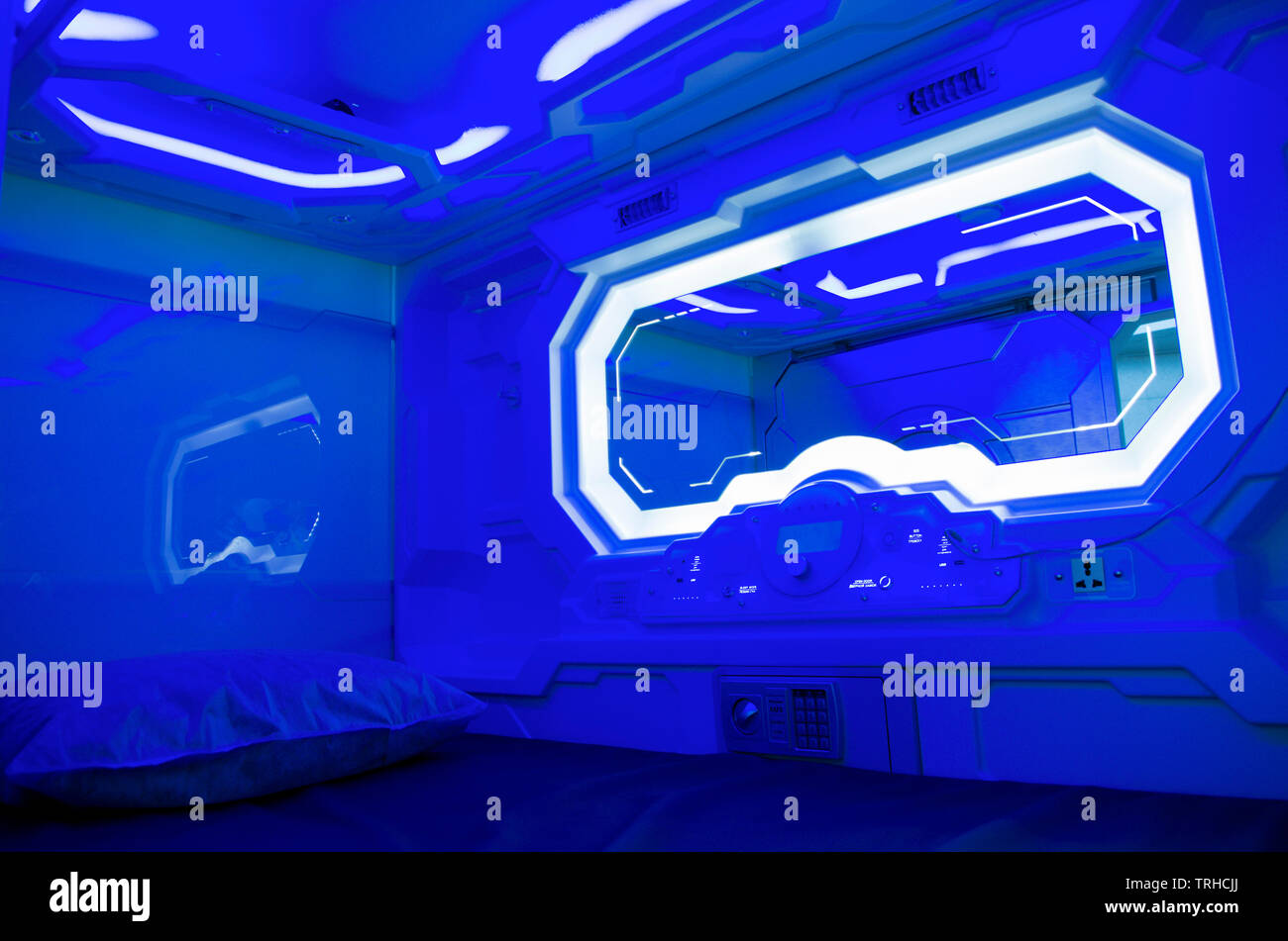 Vnukovo airport, Moscow, Russia - May 21, 2019: Blue light inside the room. Capsule hotel 'Aerosleep' at the airport. Stock Photo