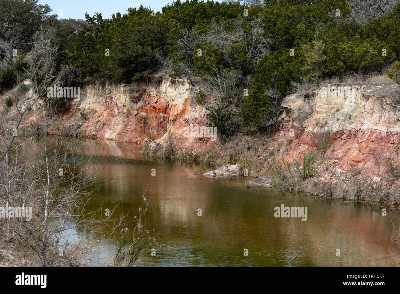 Exposed stream bank, showing bedrock, near Fredericksburg, Texas, USA, by James D Coppinger/Dembinsky Photo Assoc Stock Photo