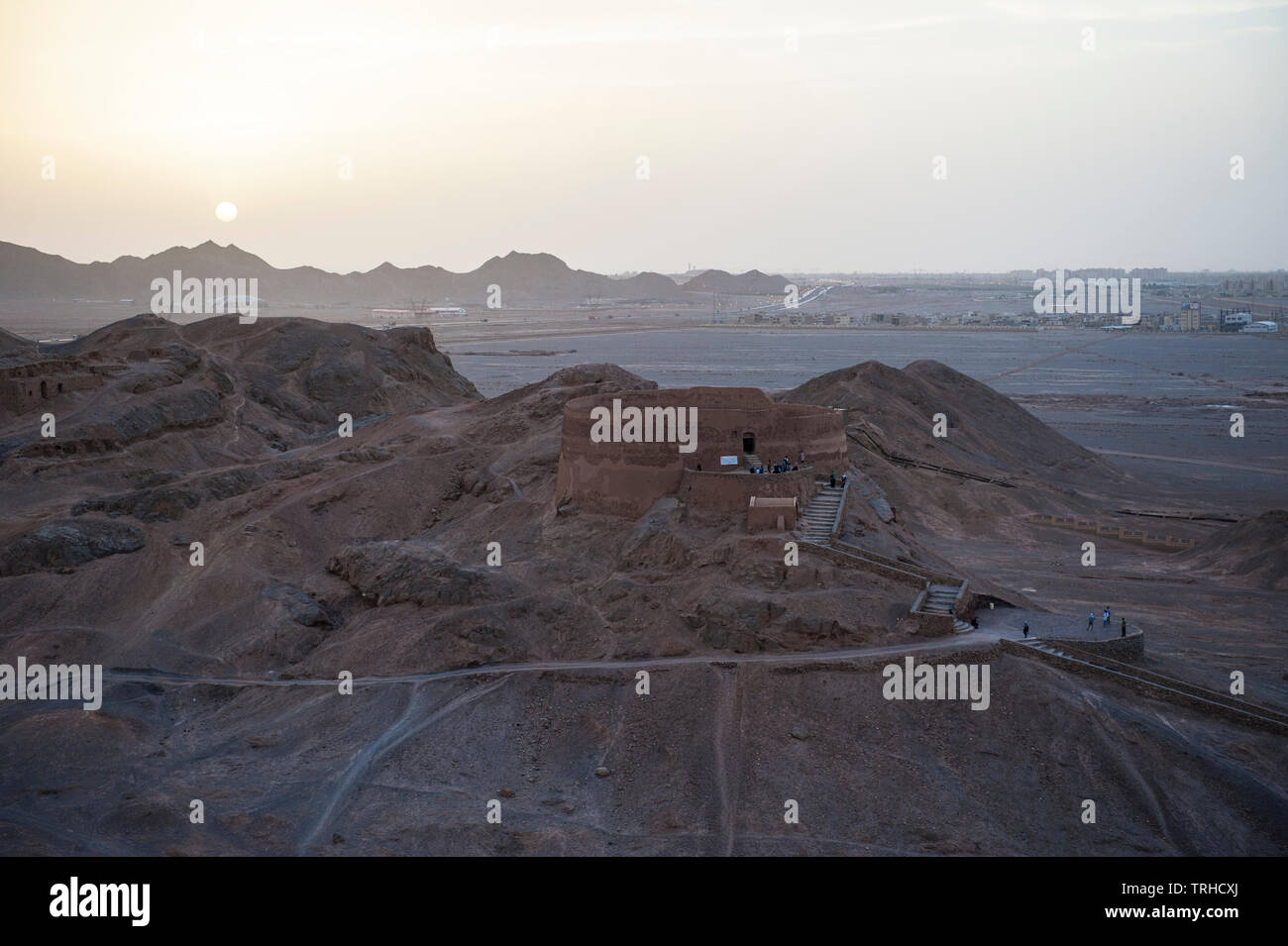 One of the two Towers of Silence, traditional Zoroastrian burial circles where bodies were left to be eaten by scavenger birds, outside of Yazd, Iran. Stock Photo