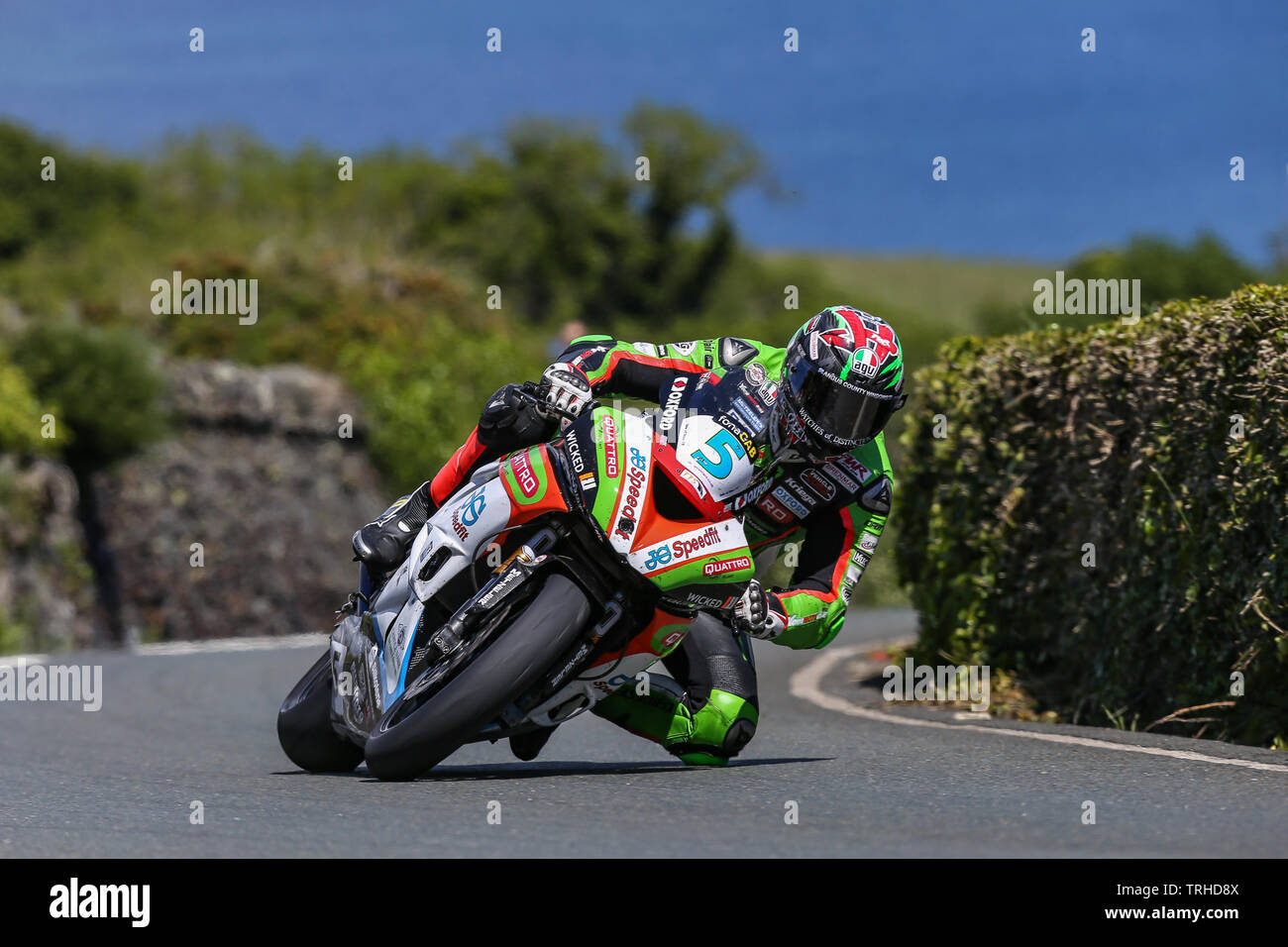 Douglas, Isle Of Man. 06th June, 2019. James Hillier (5) - Quattro Plant Wicked Coatings Kawasaki Kawasaki on his way to finishing third in the Monster Energy Supersport TT class Race 2 at the 2019 Isle of Man TT (Tourist Trophy) Races, Fuelled by Monster Energy DOUGLAS, ISLE OF MAN - June 06. Photo by David Horn. Credit: PRiME Media Images/Alamy Live News Stock Photo