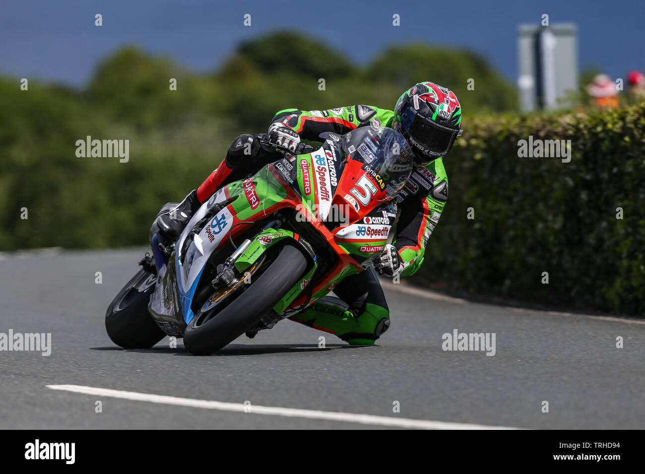 Douglas, Isle Of Man. 06th June, 2019. James Hillier (5) - Quattro Plant Wicked Coatings Kawasaki Kawasaki on his way to finishing third in the Monster Energy Supersport TT class Race 2 at the 2019 Isle of Man TT (Tourist Trophy) Races, Fuelled by Monster Energy DOUGLAS, ISLE OF MAN - June 06. Photo by David Horn. Credit: PRiME Media Images/Alamy Live News Stock Photo