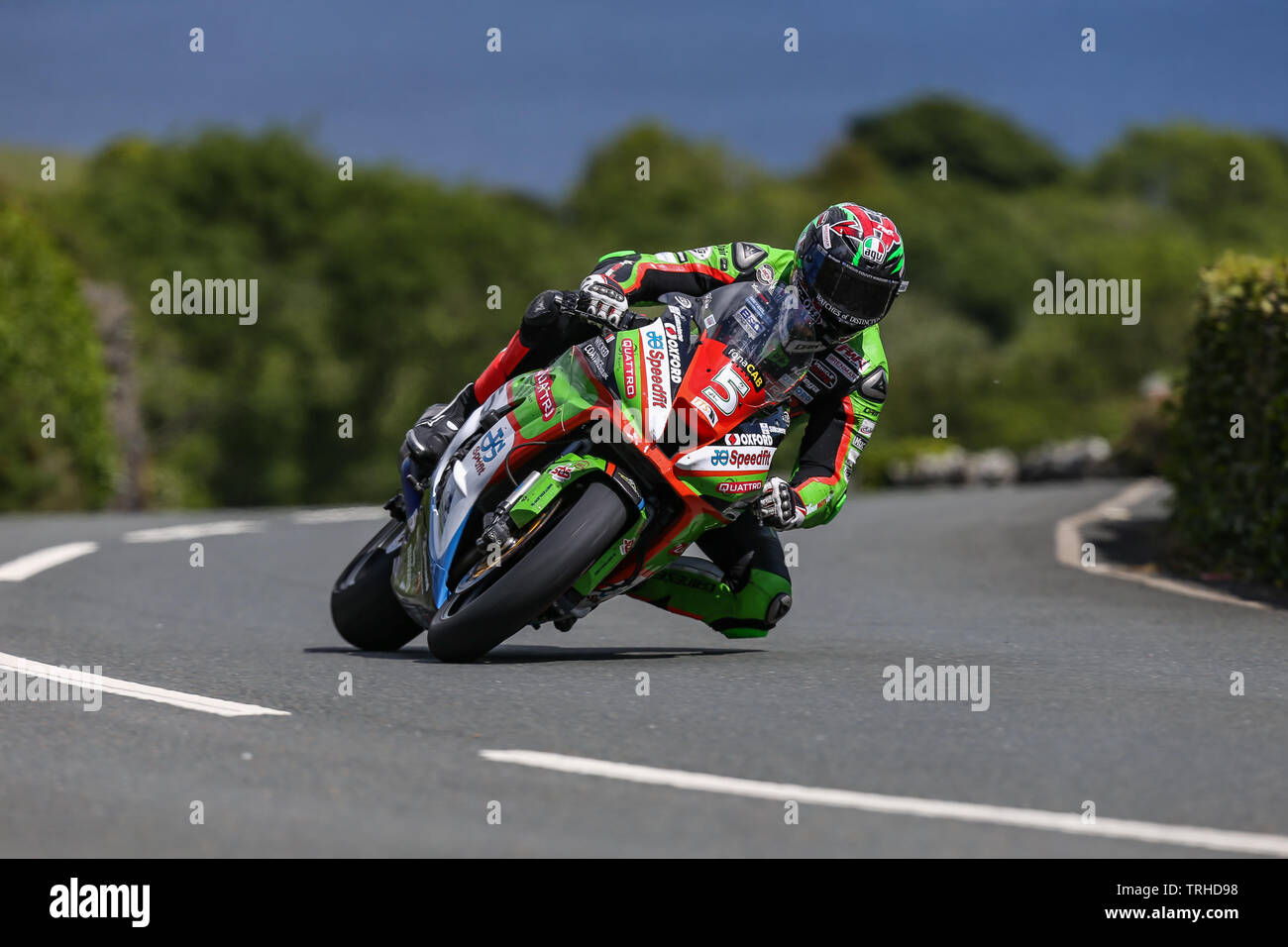 Douglas, Isle Of Man. 06th June, 2019. James Hillier (5) - Quattro Plant Wicked Coatings Kawasaki Kawasaki on his way to finishing third in the Monster Energy Supersport TT class Race 2 at the 2019 Isle of Man TT (Tourist Trophy) Races, Fuelled by Monster Energy DOUGLAS, ISLE OF MAN - June 06. Photo by David Horn. Credit: PRiME Media Images/Alamy Live News Stock Photo