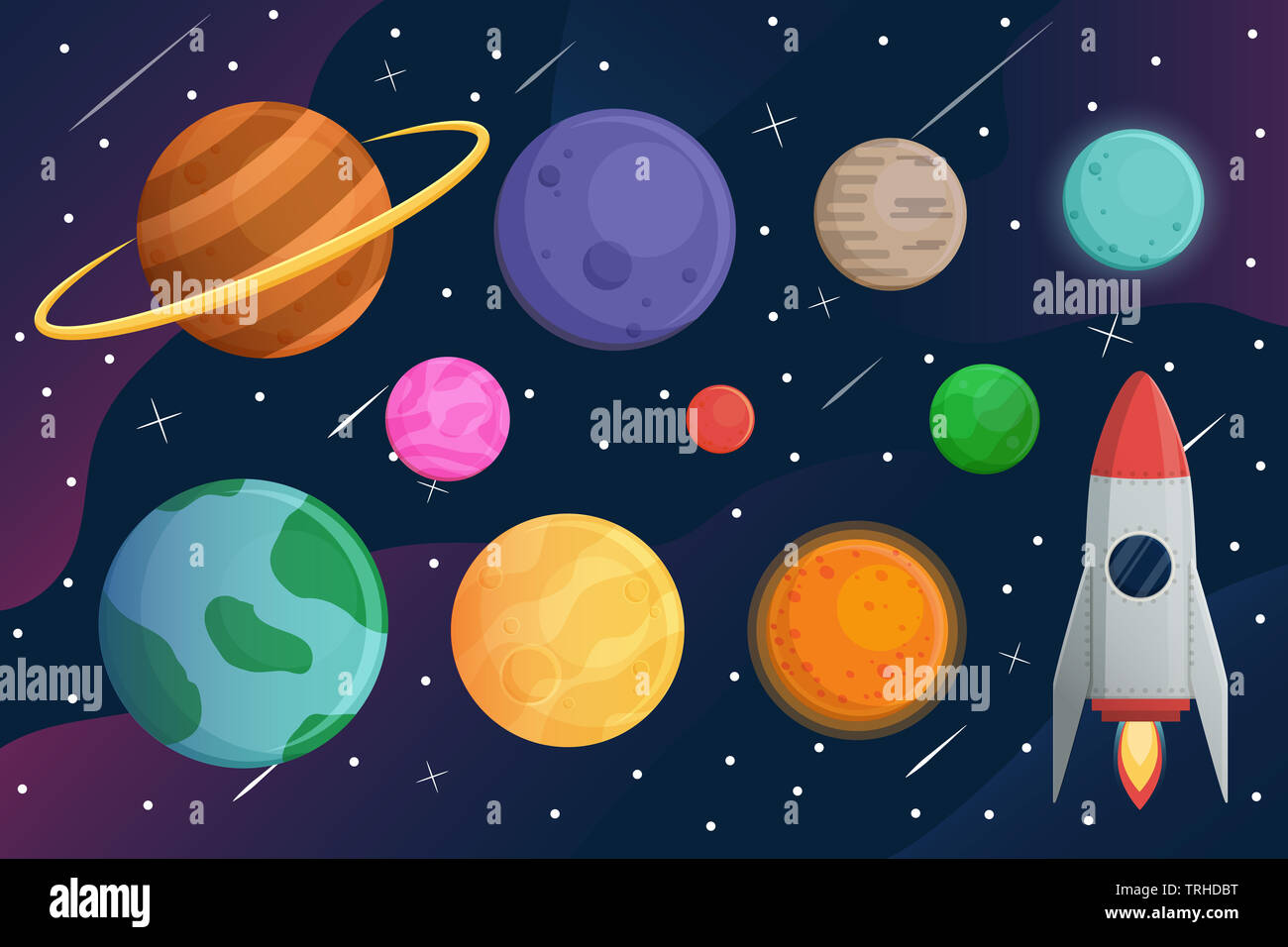 Set planet with spaceship or rocket and galaxy vector background Stock ...