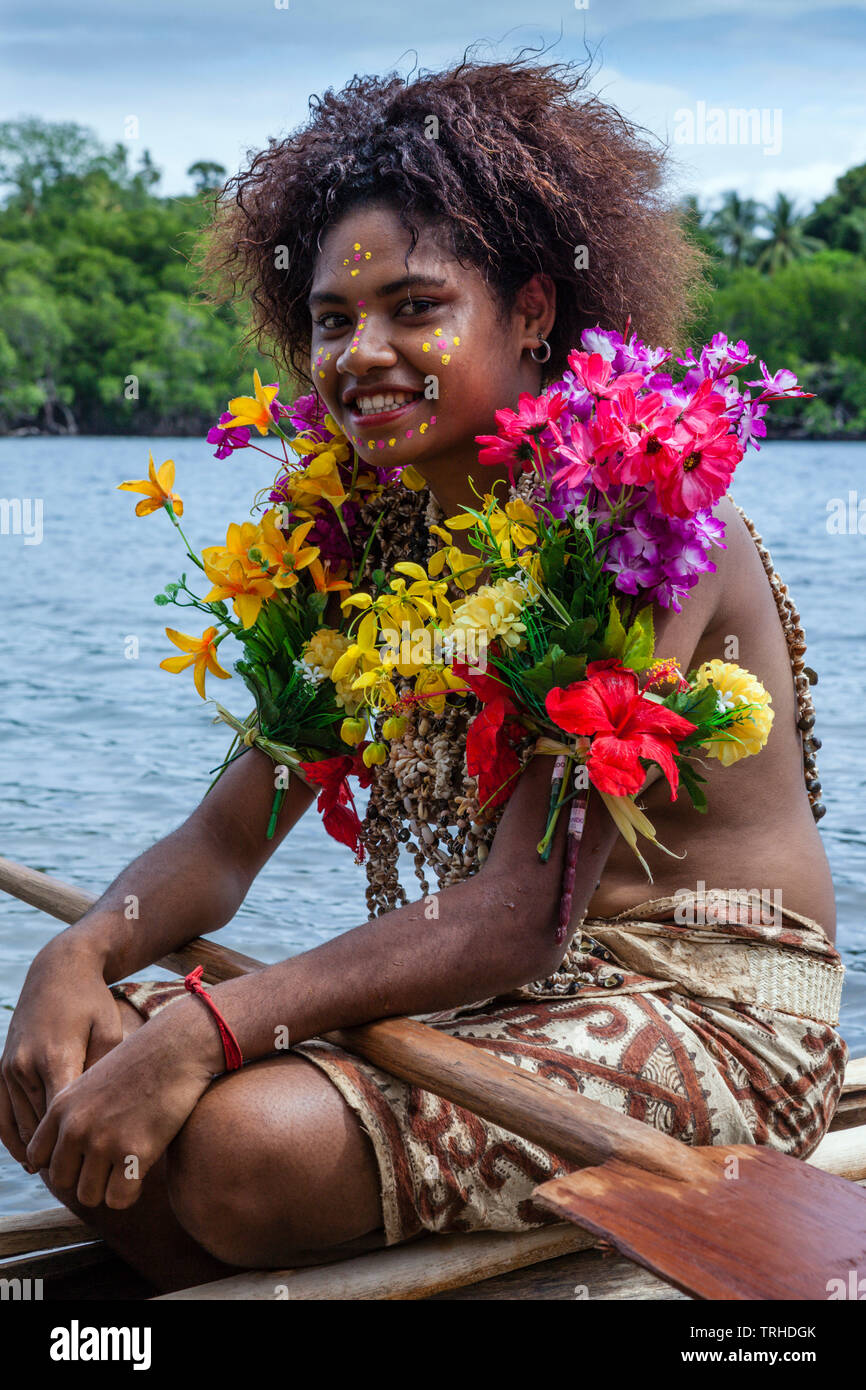 Kofure Girl in traditional Tapa Dress, Tufi, Oro Province, Papua New Guinea Stock Photo