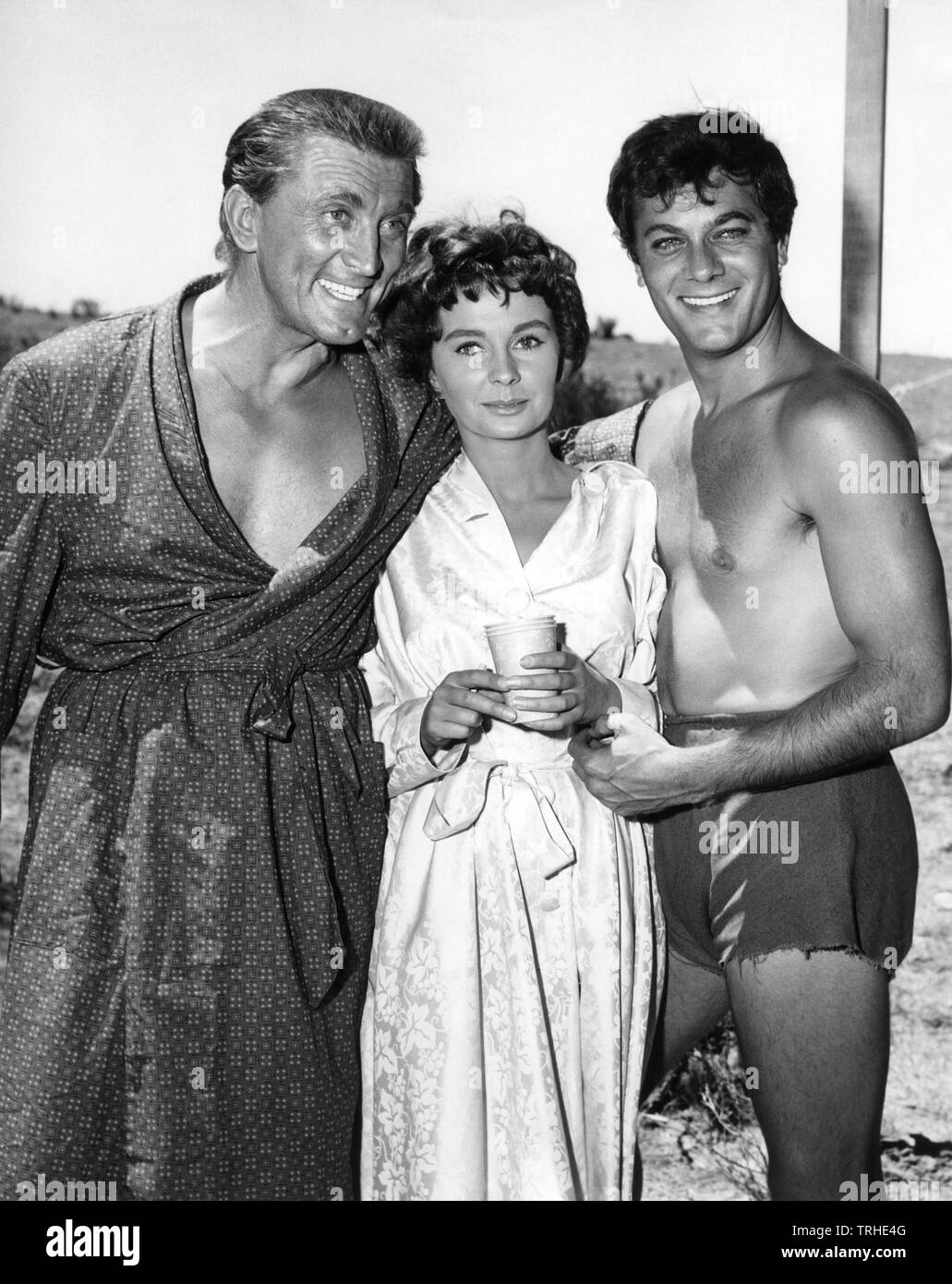 Kirk Douglas Jean Simmons on set filming candid SPARTACUS 1960 director Stanley Kubrick screenplay Dalton Trumbo novel Howard Fast Bryna Productions / Universal Pictures Stock Photo