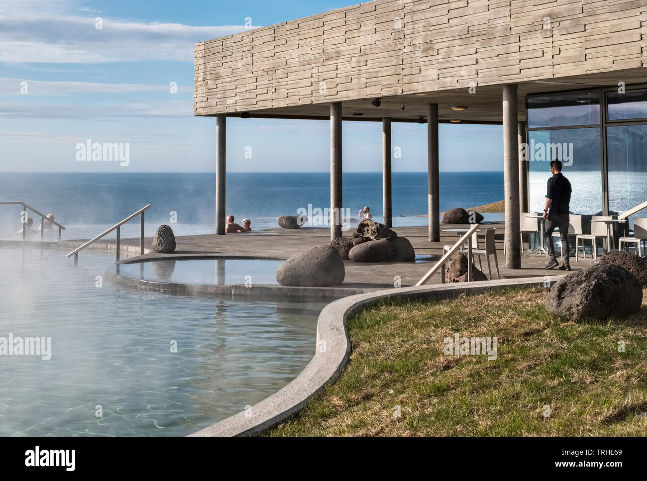 GeoSea geothermal sea baths, a beautiful new outdoor spa in Húsavík, north Iceland, opened in August 2018. It overlooks Skjálfandaflói bay Stock Photo