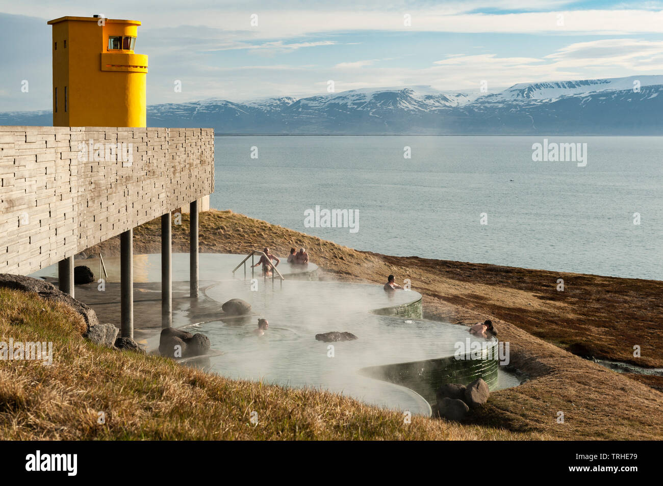 GeoSea geothermal sea baths, a beautiful new outdoor spa in Húsavík, north Iceland, opened in August 2018. It overlooks Skjálfandaflói bay Stock Photo