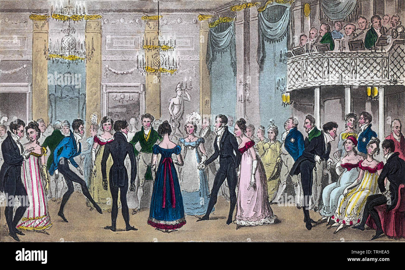 ALMACK'S ASSEMBLY ROOMS, King Street,St James's, London, about 1778. Man at left is showing how to 'sport the toe' in dancing. Stock Photo