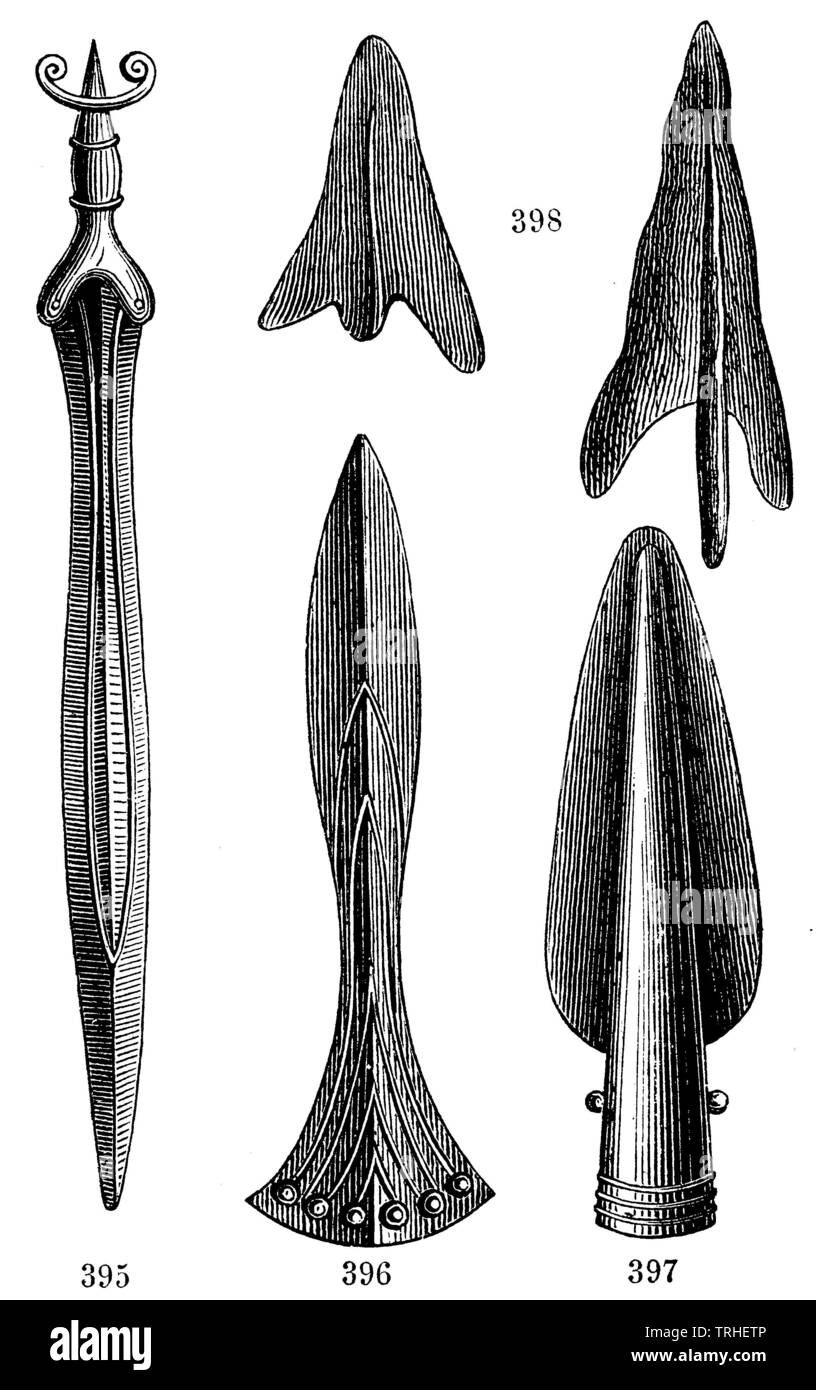 Bronze weapons from the Swiss pile dwellings. 395) sword, 396) dagger, 397) spearhead, 398) arrowhead, ,  (anthropology book, 1874) Stock Photo