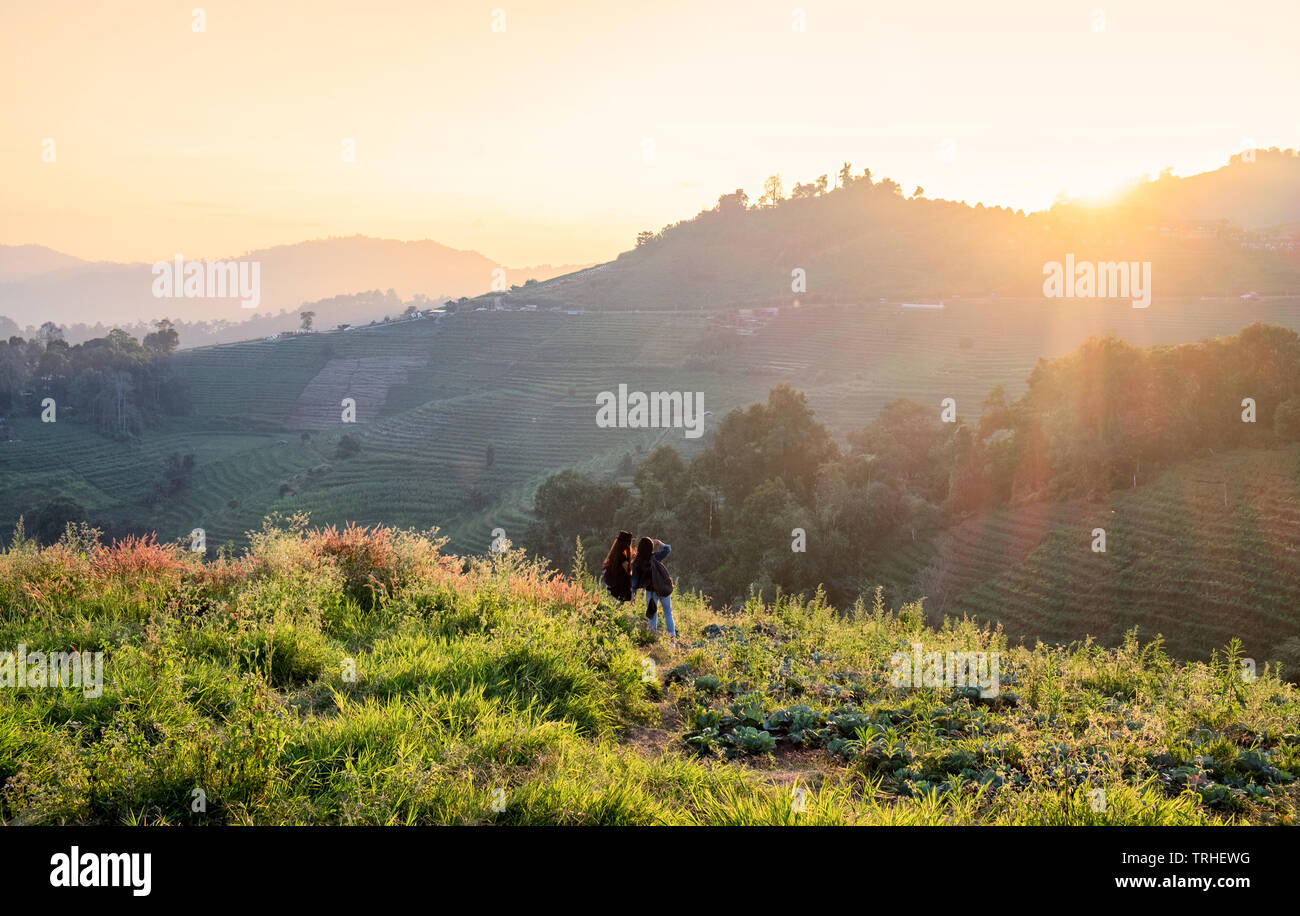 Mon cham,Mon jam,landscape on hill in sunset at chiang mai Stock Photo