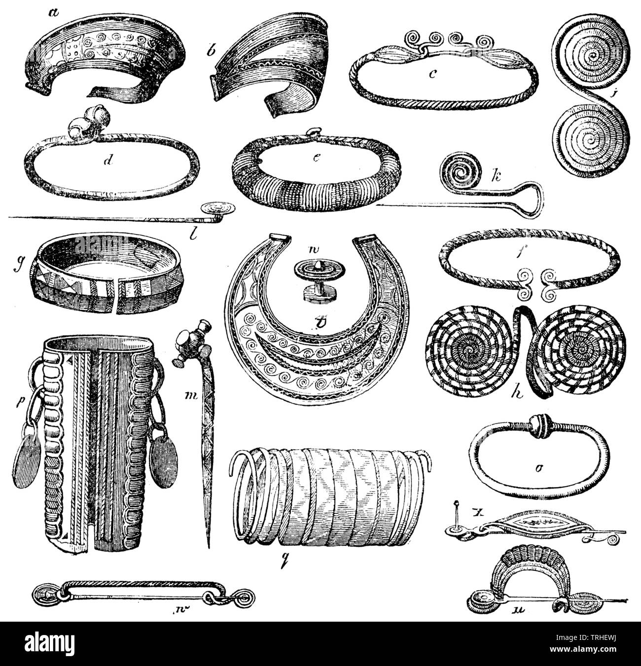 Antique bronze jewellery. a, b) Diadems. c, d e)Head rings, neck rings. f, g) Wrist clasps. h, i) Arm jewellery, double discs. k, l, m) Needles. n) Double button. o) Wrist bracelet. p, q) Arm jewellery. u, w, x) Fibulae, ,  (anthropology book, 1874) Stock Photo