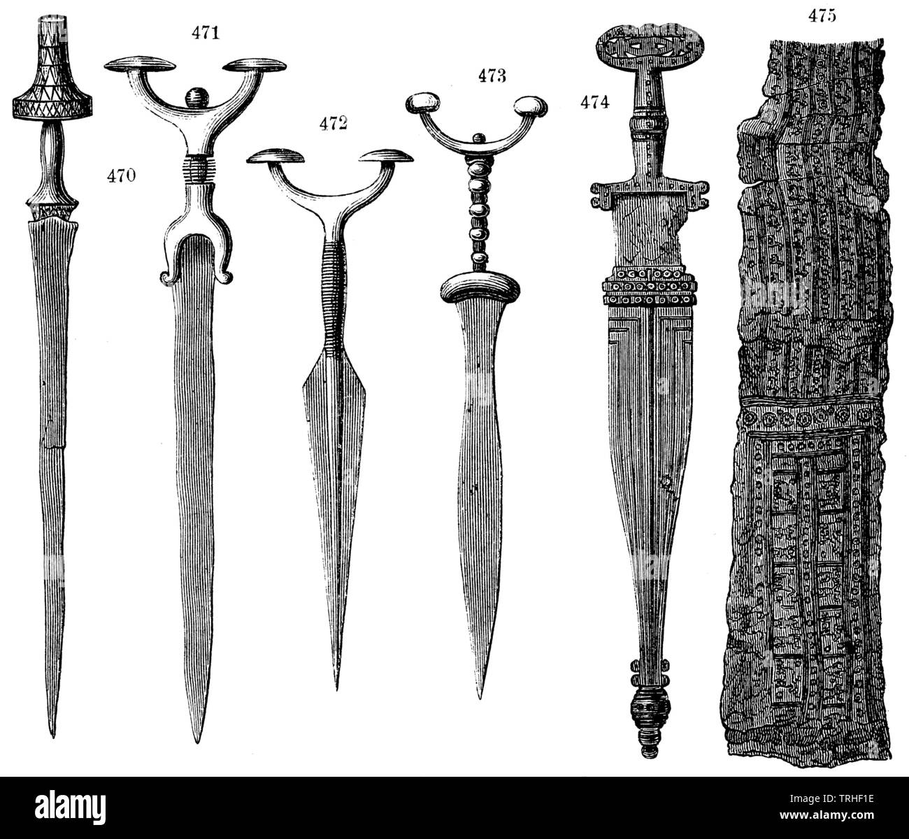 Grave finds from Hallstatt. 470-474) Swords and daggers. 475) Belt of bronze plate, ,  (anthropology book, 1874) Stock Photo