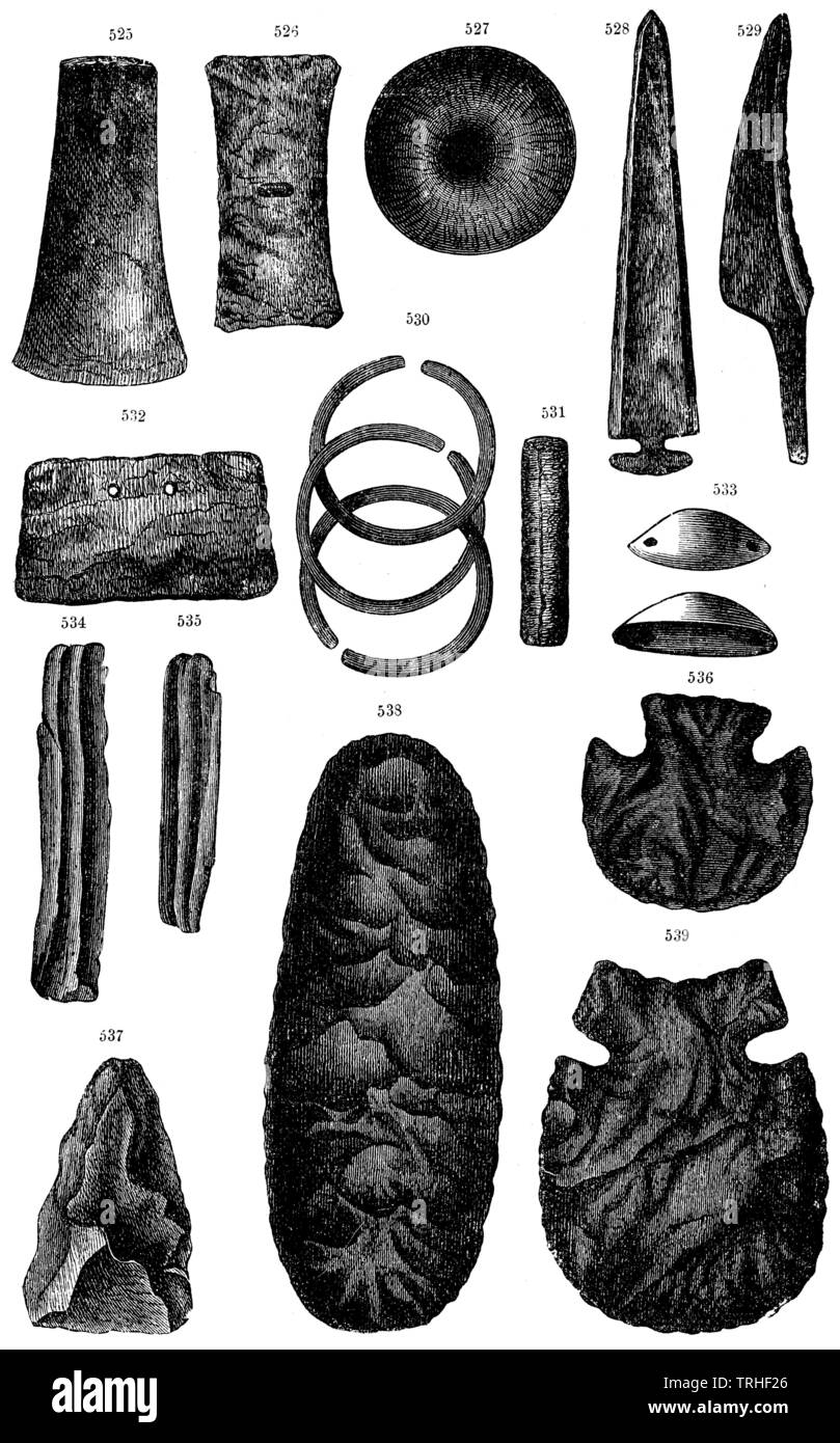 Stone and copper objects, jewelry and tools of the Mounds period. 525, 526) Copper axes, 527) Copper disc for jewellery, 528) Copper lance tip, 529) Copper knife, 530) Copper arm rings, 531-533) Copper jewellery, 534-536) Flint knife, 537) Piece of a stone sword, 538) Shovel, 539) Hoe, ,  (anthropology book, 1874) Stock Photo