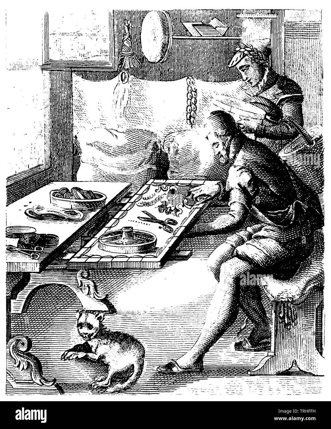 Silk embroiderer, 16th century craftsmanship., ,  (cultural history book, 1875) Stock Photo