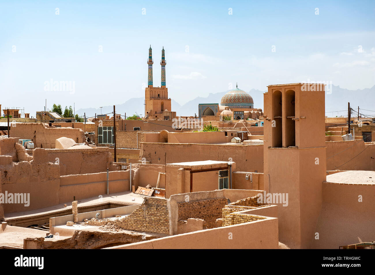 View over the old town of Yazd, a popular tourist destination and Zoroastrian center during Iran's Sassanid era, in Iran. Stock Photo