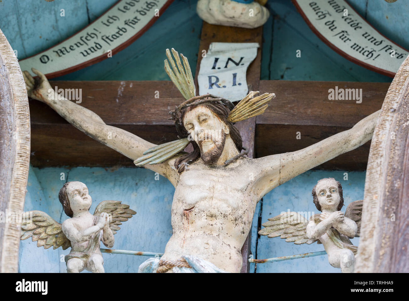 Close up of Jesus Christ on the cross. Captured alongside a hiking trail near Possenhofen (Upper Bavaria, near Lake Starnberg) Stock Photo