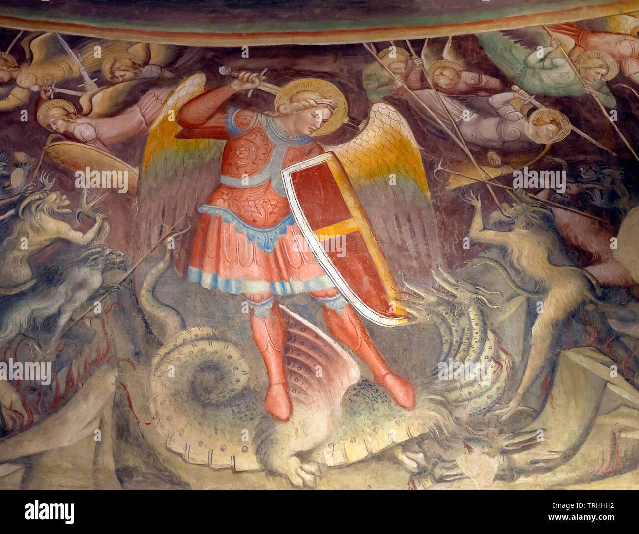 Fall of the Rebelling Angels, Story of St Michael,  Spinello Aretino, 1404, Guasconi chapel, Basilica of St Francis, Basilica di San Francesco, Arezzo Stock Photo