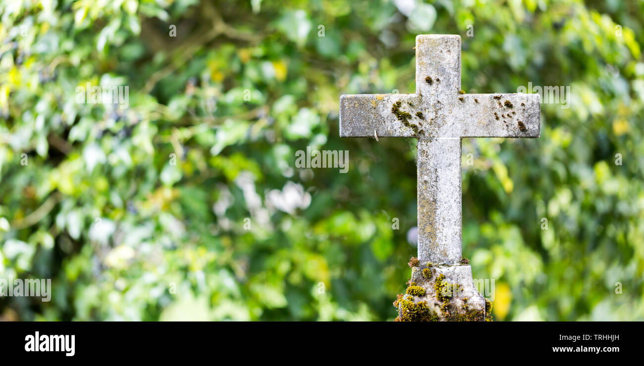 Close up of ancient stone cross, located at a graveyard. Green background. Free space for text, card format. Religious symbol. God, spirituality Stock Photo