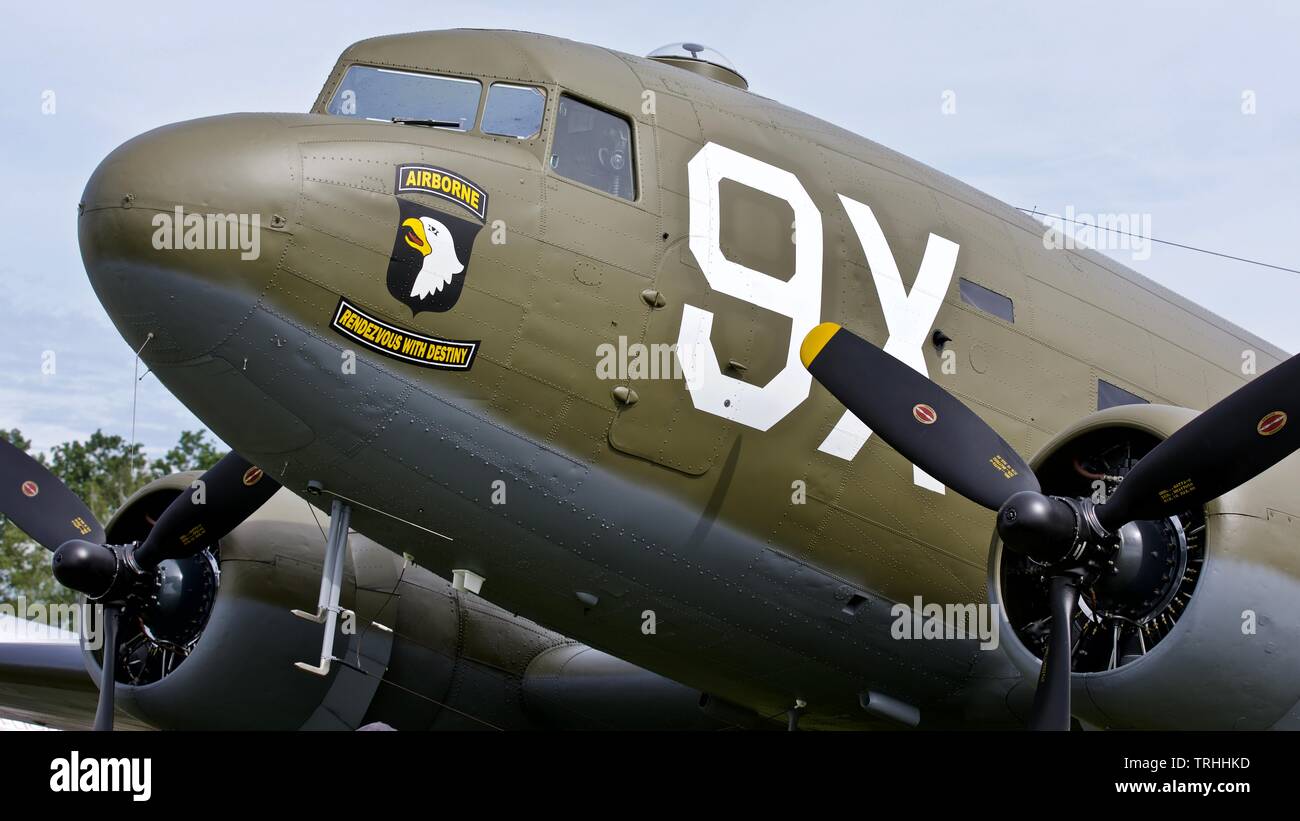 Douglas C-47 Skytrain N150D (101st Airbourne tribute) at the 2019 Shuttleworth Flying Festival to commemorate the 75th anniversary of D-Day Stock Photo