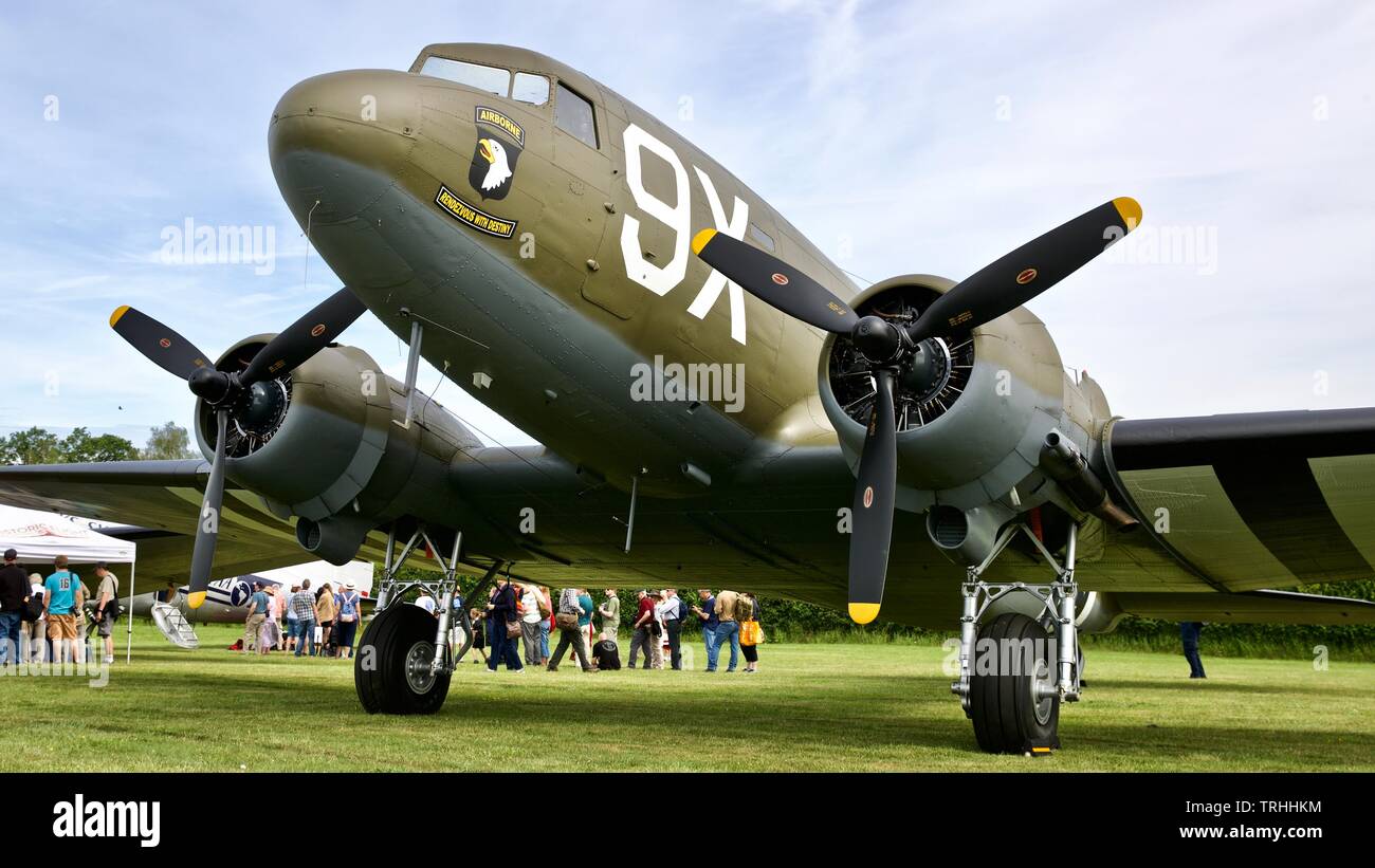 Douglas C-47 Skytrain N150D (101st Airbourne tribute) at the 2019 Shuttleworth Flying Festival to commemorate the 75th anniversary of D-Day Stock Photo