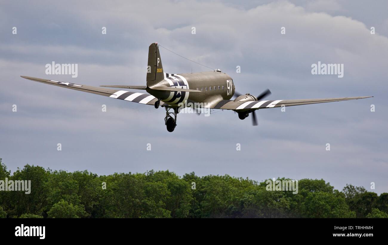 Douglas C-47 Skytrain N150D (101st Airbourne tribute) at the 2019 Shuttleworth Flying Festival to commemorate the 75th anniversary of D-Day Stock Photo