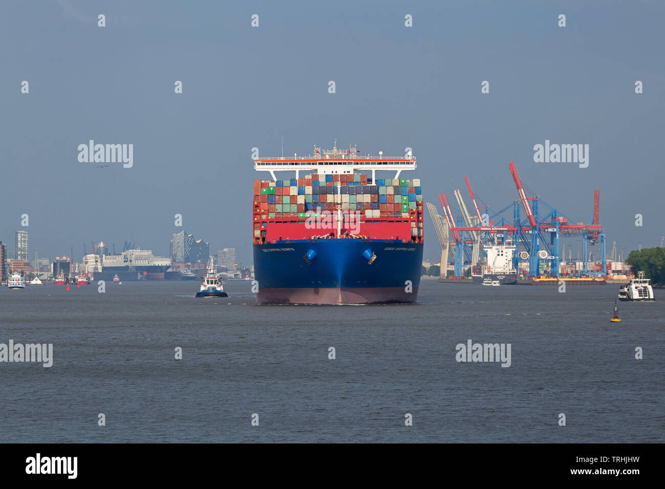 container ship Scorpio leaving Hamburg, Germany Stock Photo