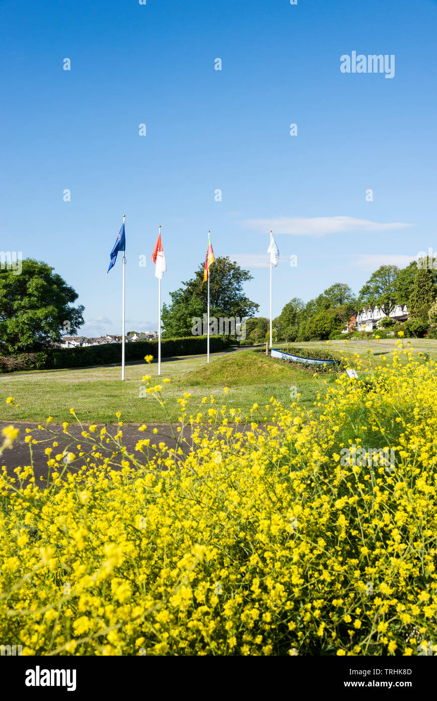 Parade Gardens, a small public garden in Barry on a sunny day. In the foreground are colourful wild flowers. Beyond them flags fly for the twin towns. Stock Photo