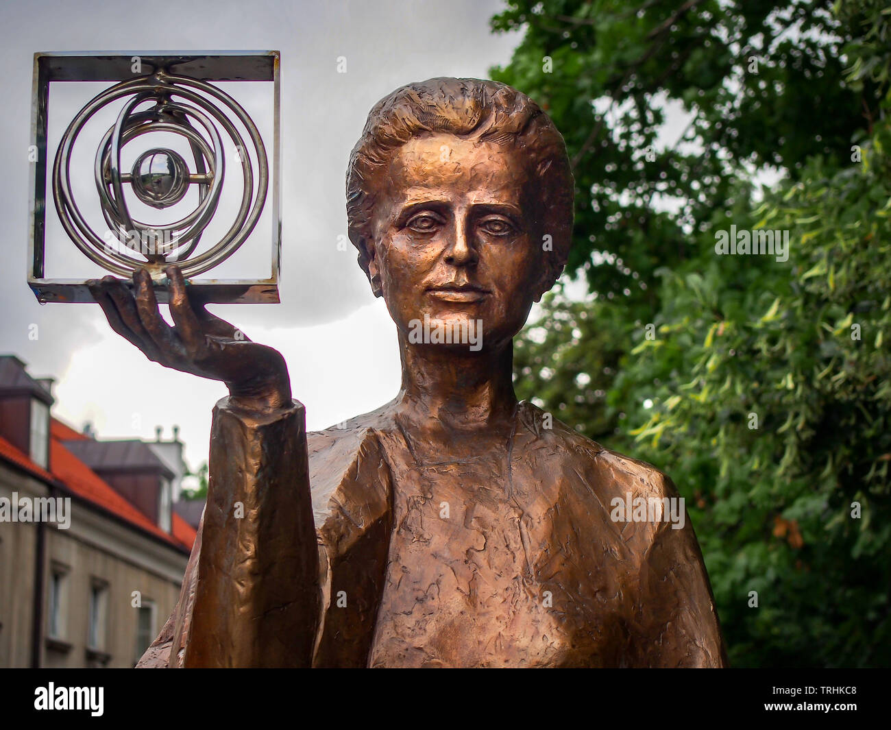 WARSAW, POLAND - JULY 25, 2017 Bronze monument to Marie Sklodowska-Curie close-up Stock Photo