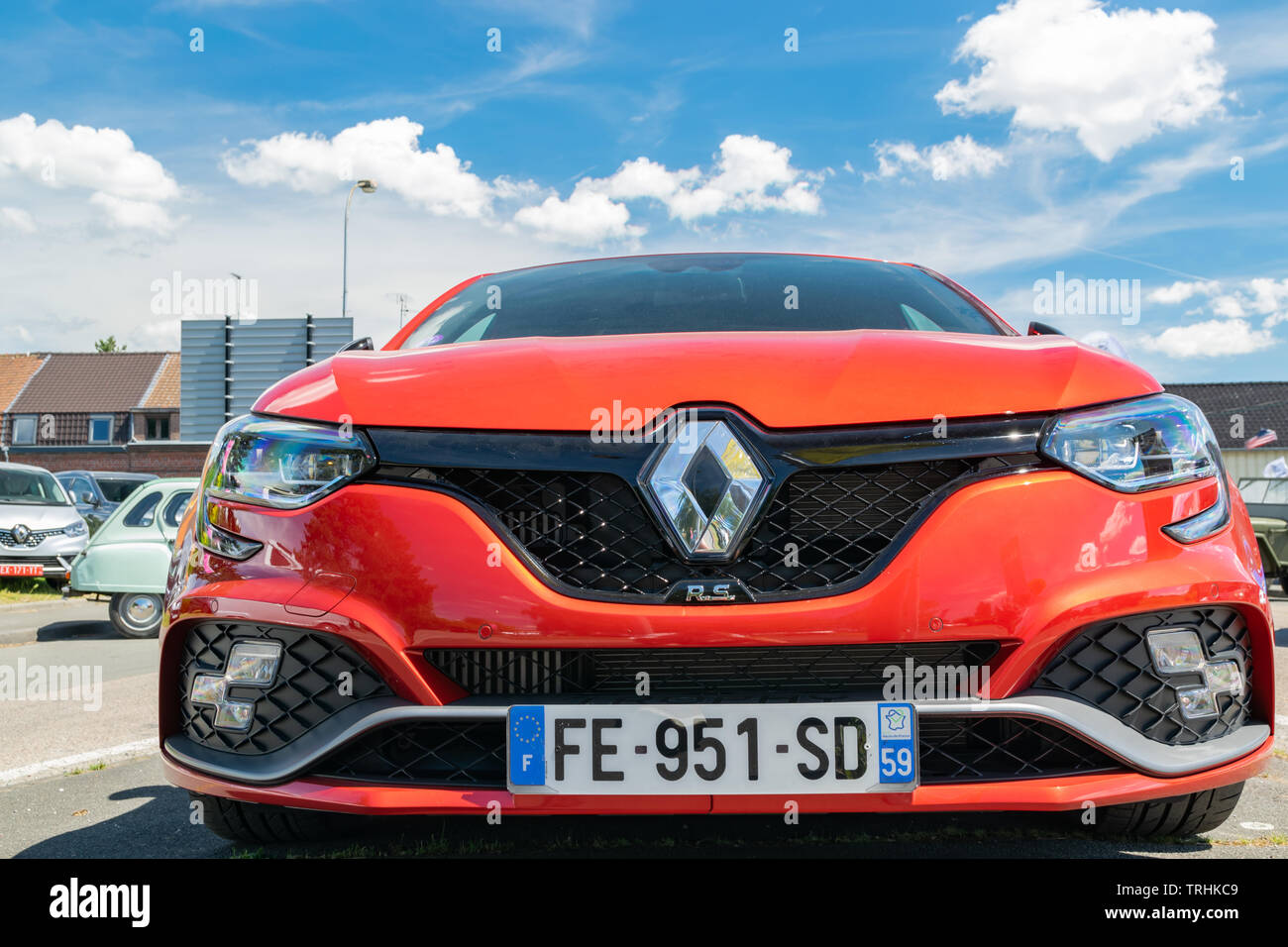 Wattrelos,FRANCE-June 02,2019: red Renault Megane IV RS,front view,car exhibited at the Renault Wattrelos Martinoire parking lot. Stock Photo