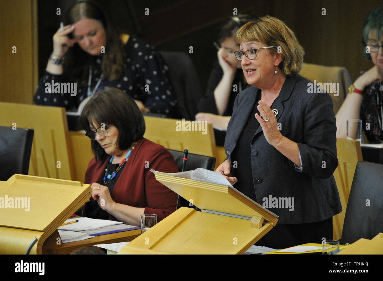 Edinburgh, UK. 6 June 2019. PICTURED: Jeane Freeman (left) and, Annabelle Ewing (right) Afternoon session in the chamber of the Scottish Parliament. Stage 3 Proceedings: Fuel Poverty (Target, Definition and Strategy) Bill. Credit: Colin Fisher/Alamy Live News Stock Photo