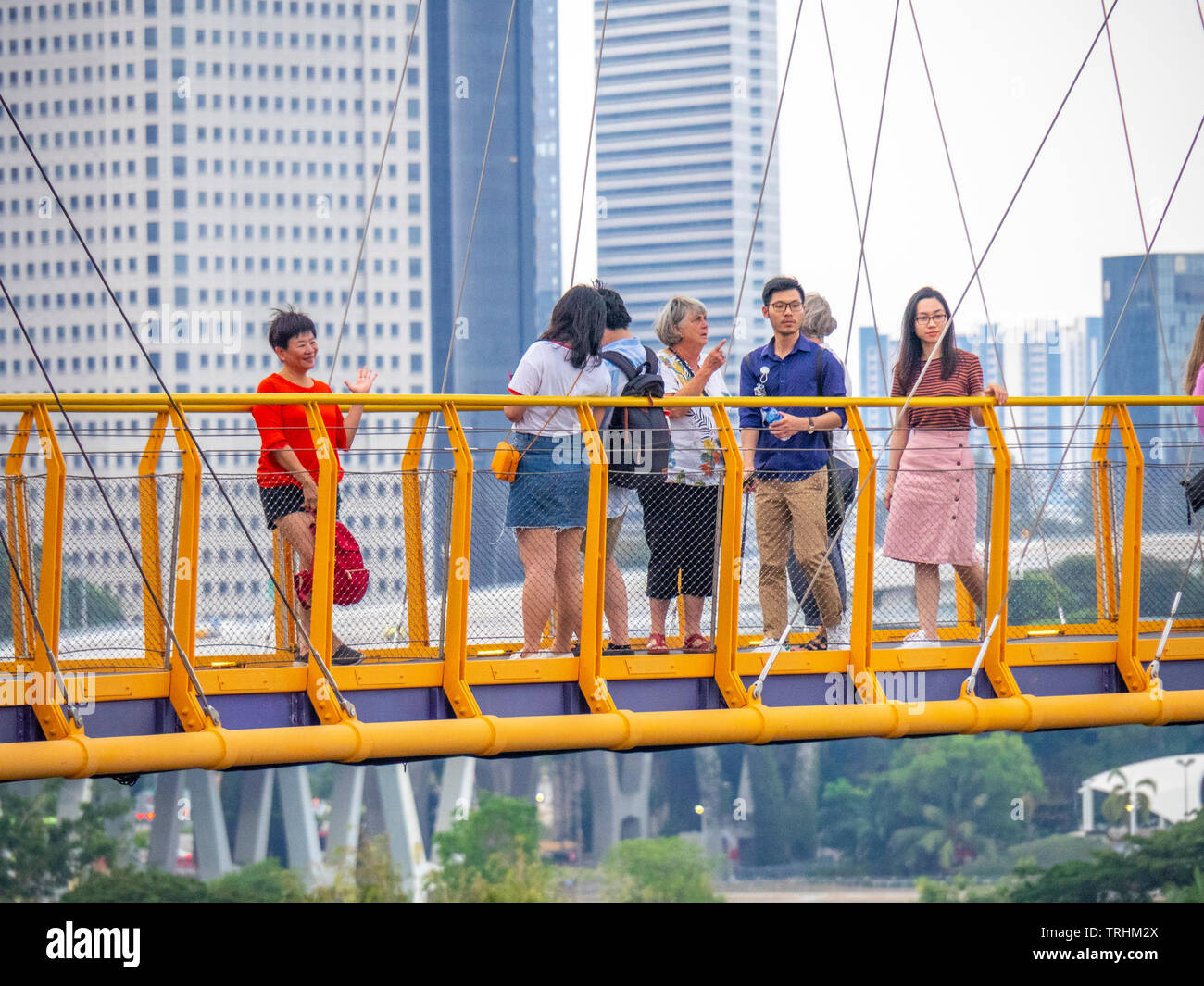 Tourists on the elevated walkway OCBC Skyway at Gardens by the Bay Singapore. Stock Photo